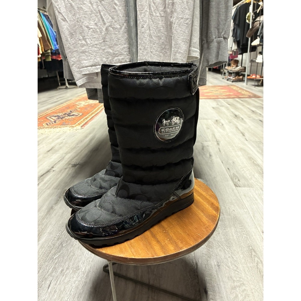 Coach JORDY Designer Patent Leather Snow Boots Black Signature C Womens Size 8